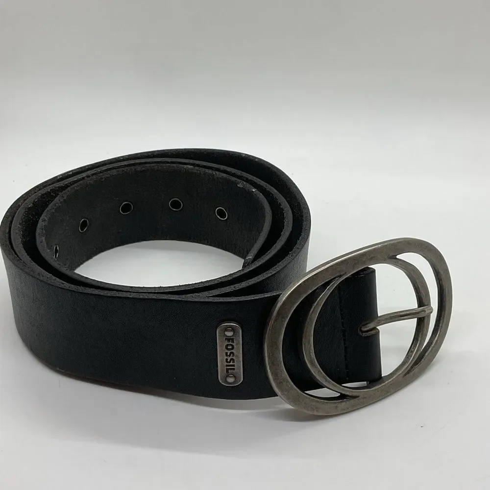 Fossil Black Leather Belt with Double Oval Silver Buckle